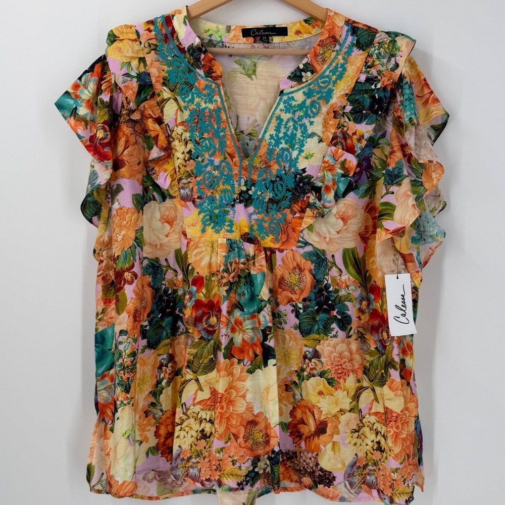 Caleasa Womens Top Floral Sz 2X Embroidered Ruffle Vacation Resort Cottagecore
